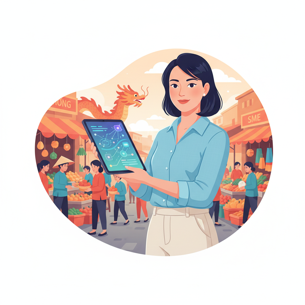 A Vietnamese SME owner looking confidently at a tablet displaying AI-powered analytics, with a background of a bustling local market, no text.