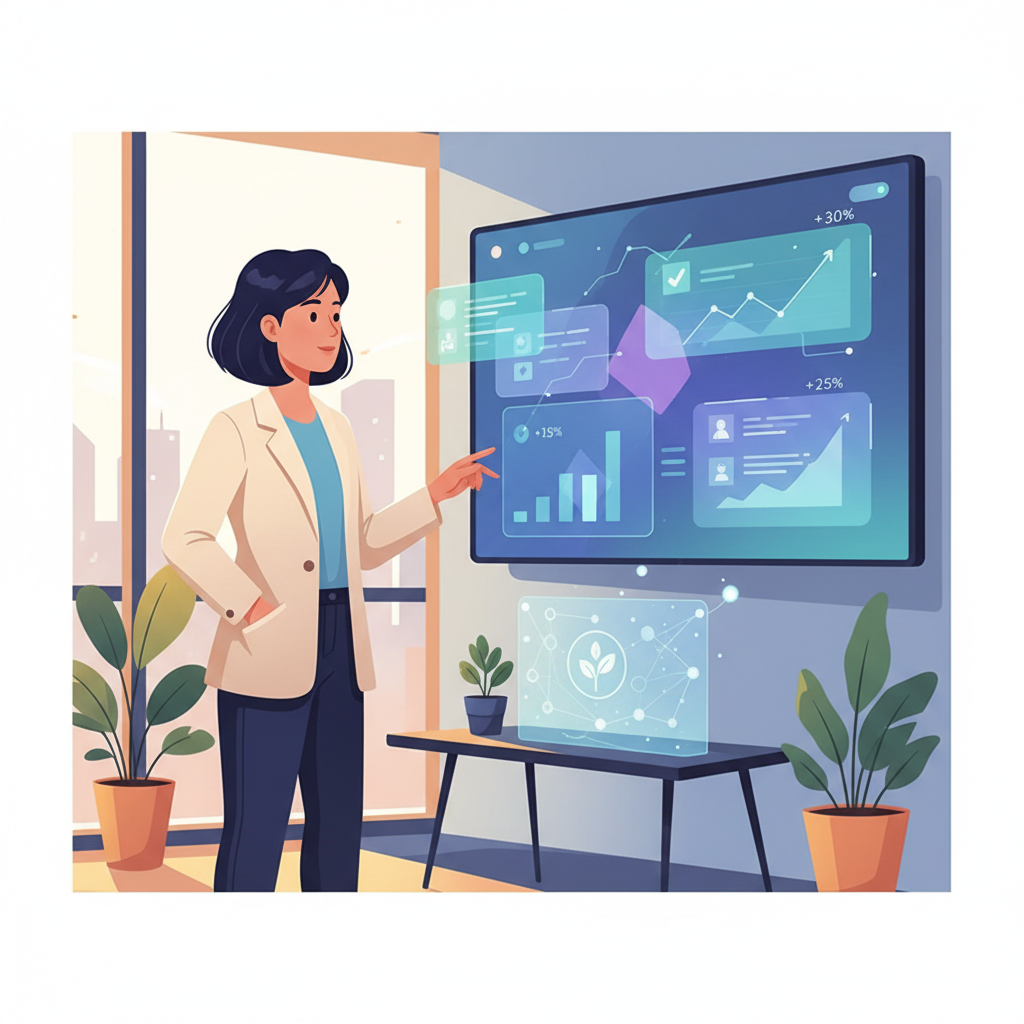 A Vietnamese SME owner looking at a dashboard with AI-powered analytics, showing clear business metrics and growth charts in a modern office setup.
