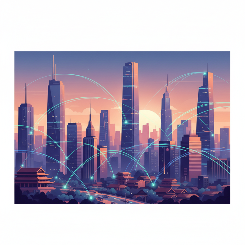A modern, bustling Vietnamese city skyline at dusk, with digital light trails connecting buildings, symbolizing digital transformation
