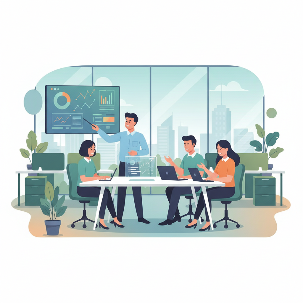 A modern Vietnamese office setting with diverse employees collaborating, digital screens displaying data, no text.