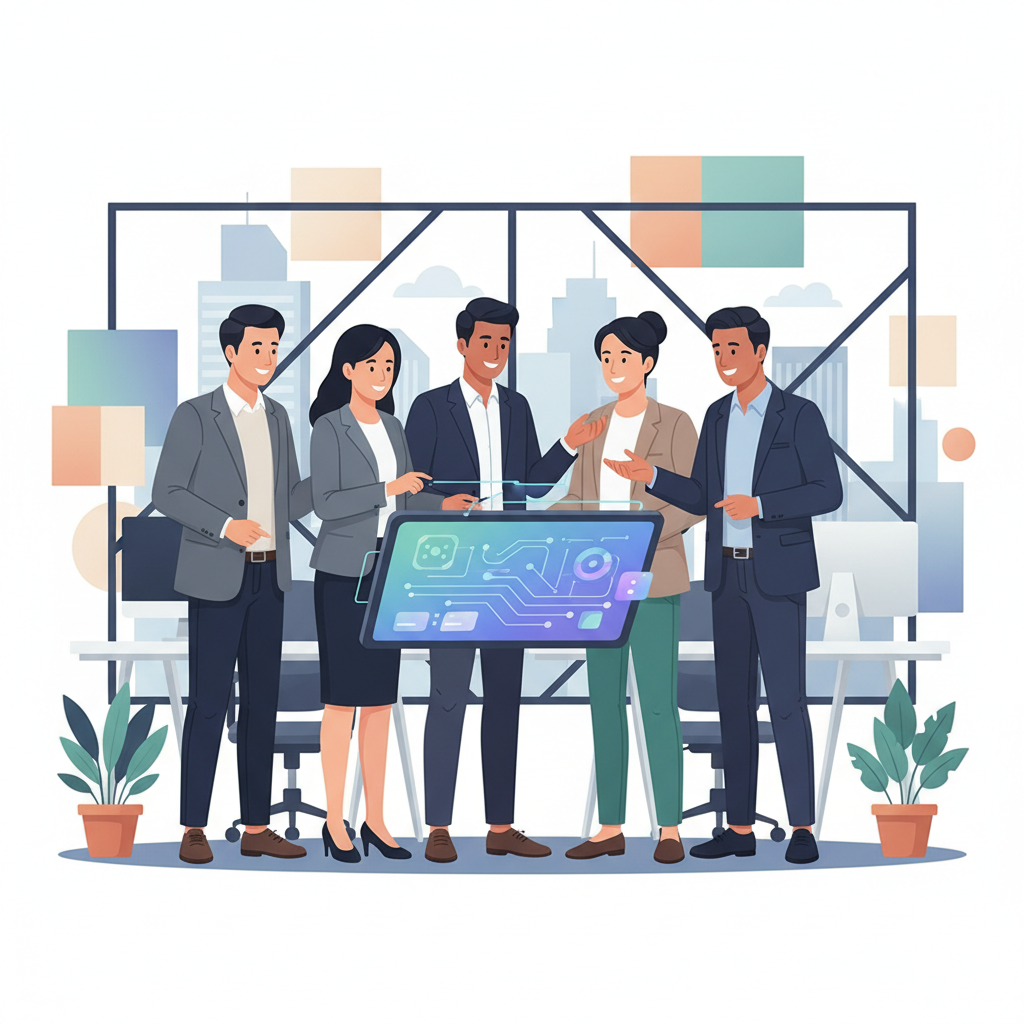 A group of diverse Vietnamese business professionals collaborating on a digital transformation project, looking at a tablet with data visualizations, in a modern office setting, no text