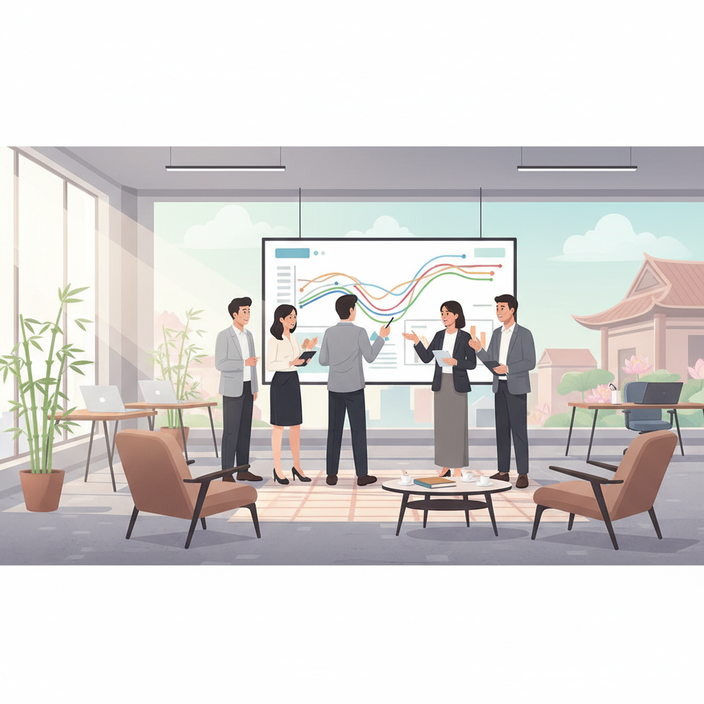 A modern Vietnamese office space with people collaborating around a large screen displaying data, no text.