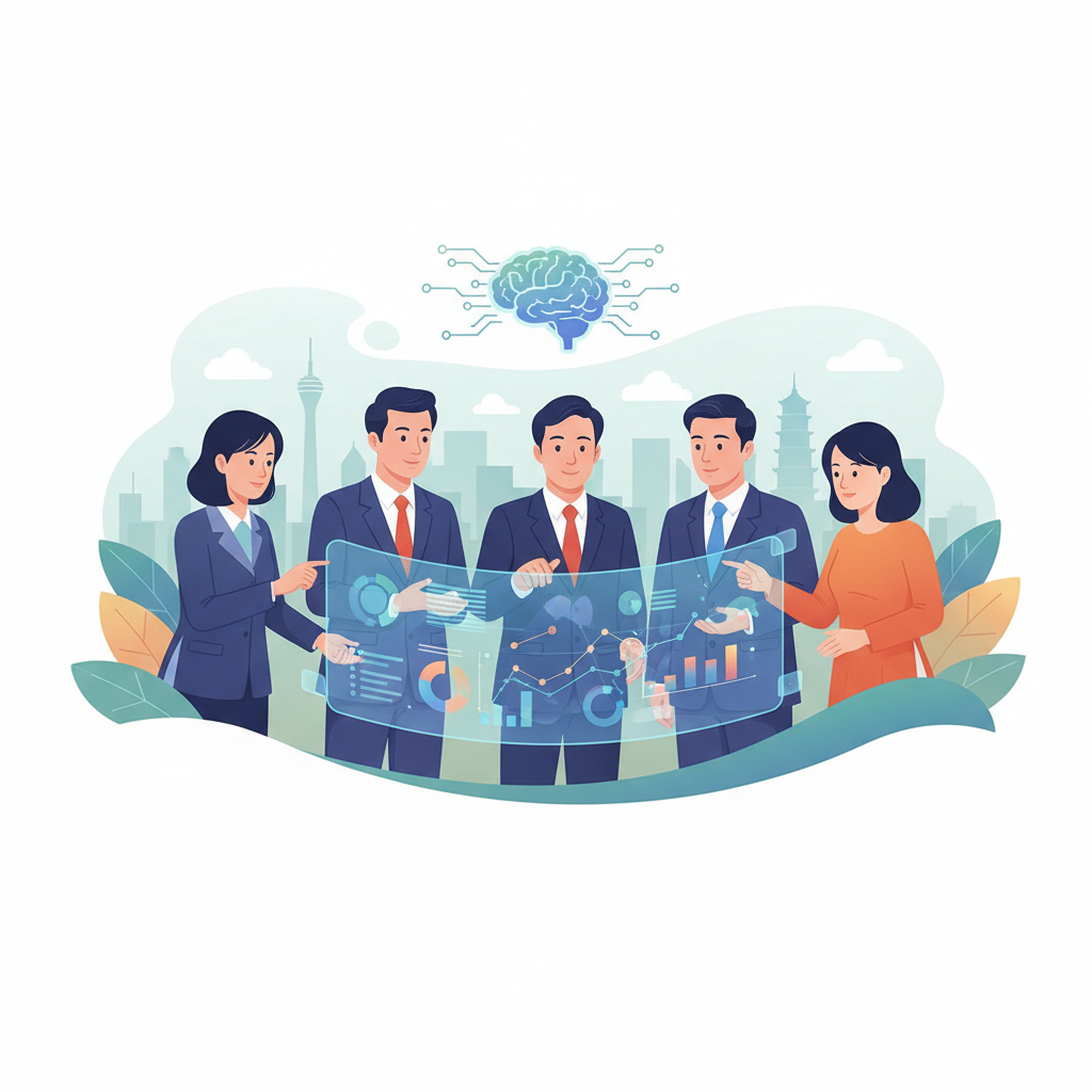 A diverse group of Vietnamese business professionals and government officials collaborating around a digital projection of data analytics, symbolizing synergy in AI adoption.