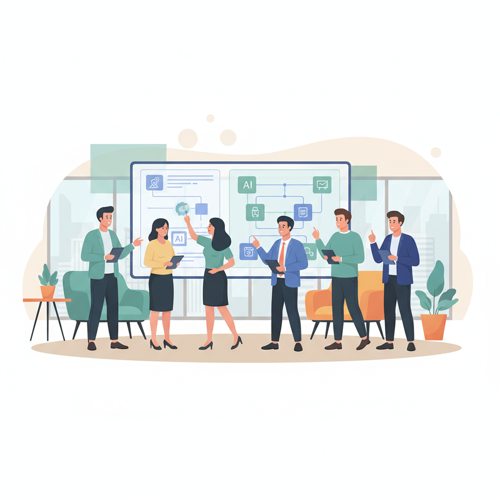 A group of Vietnamese business leaders actively participating in an AI workshop, collaborating on a digital whiteboard displaying customer journey maps and AI integration points, in a modern office setting.