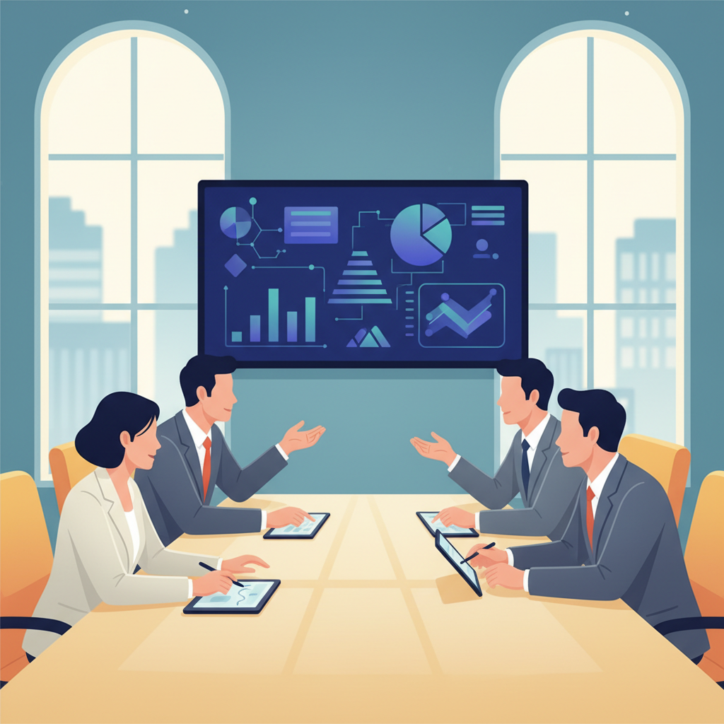 A group of Vietnamese business leaders in a modern meeting room, discussing AI strategies with charts and diagrams on a large screen, no text visible.