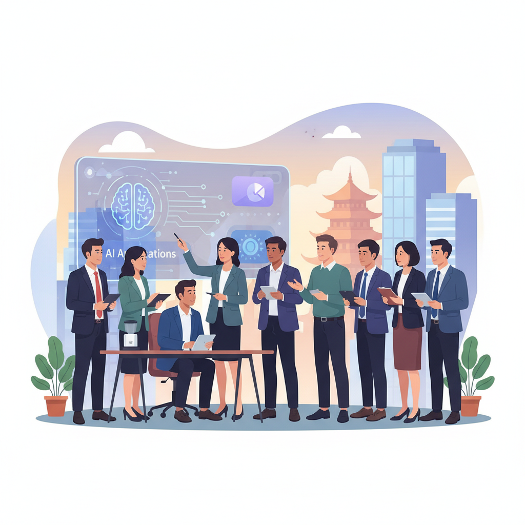 A group of diverse business leaders actively participating in a workshop, looking at a presentation about AI applications in a corporate setting in Vietnam, no text