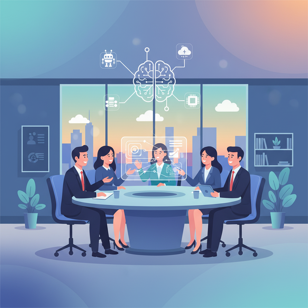 A group of Vietnamese business leaders actively participating in a workshop, discussing AI applications with a facilitator, in a modern office setting.