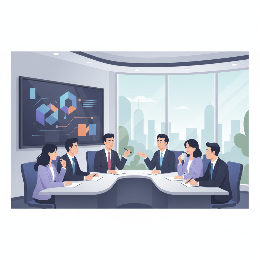 A group of Vietnamese business leaders in a modern meeting room, engaged in a discussion with a digital presentation on a large screen, no text.