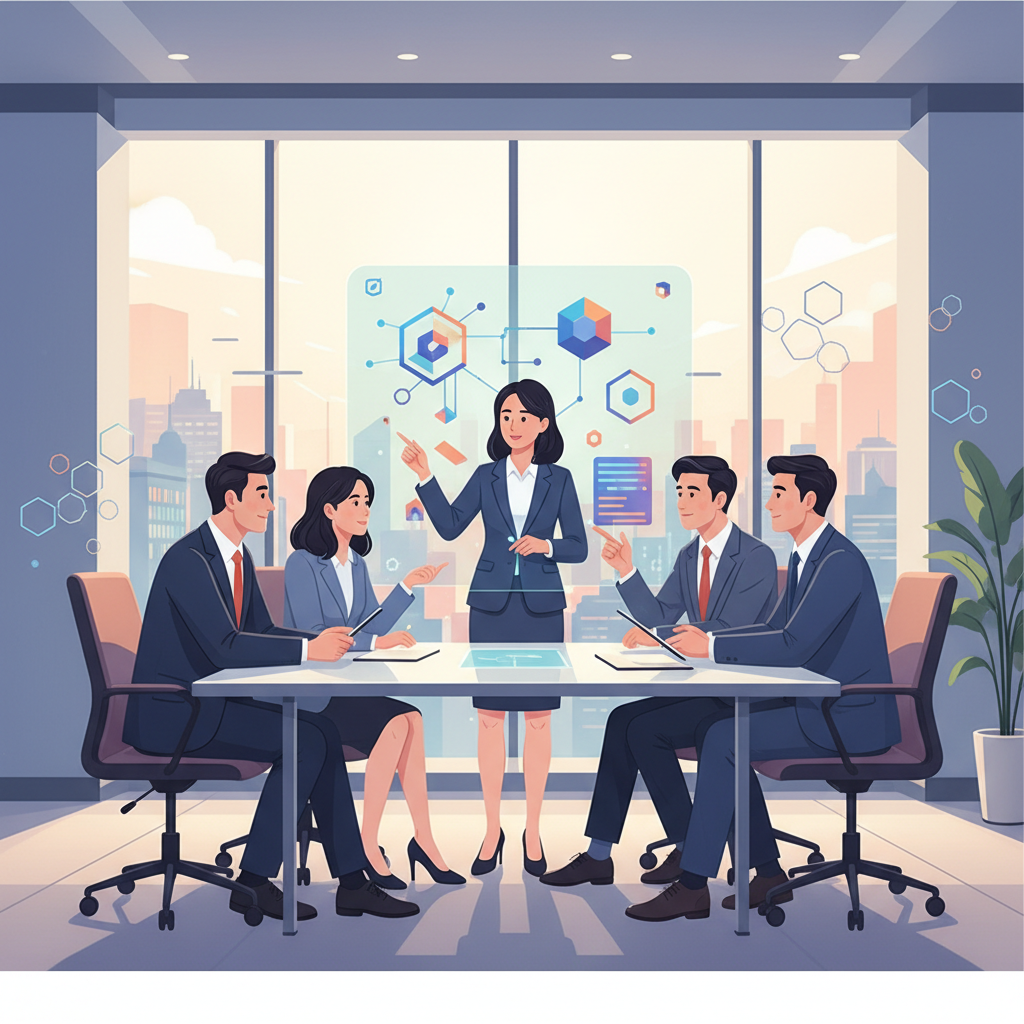 A group of Vietnamese business leaders discussing AI strategy in a modern meeting room, looking determined and forward-thinking, no text