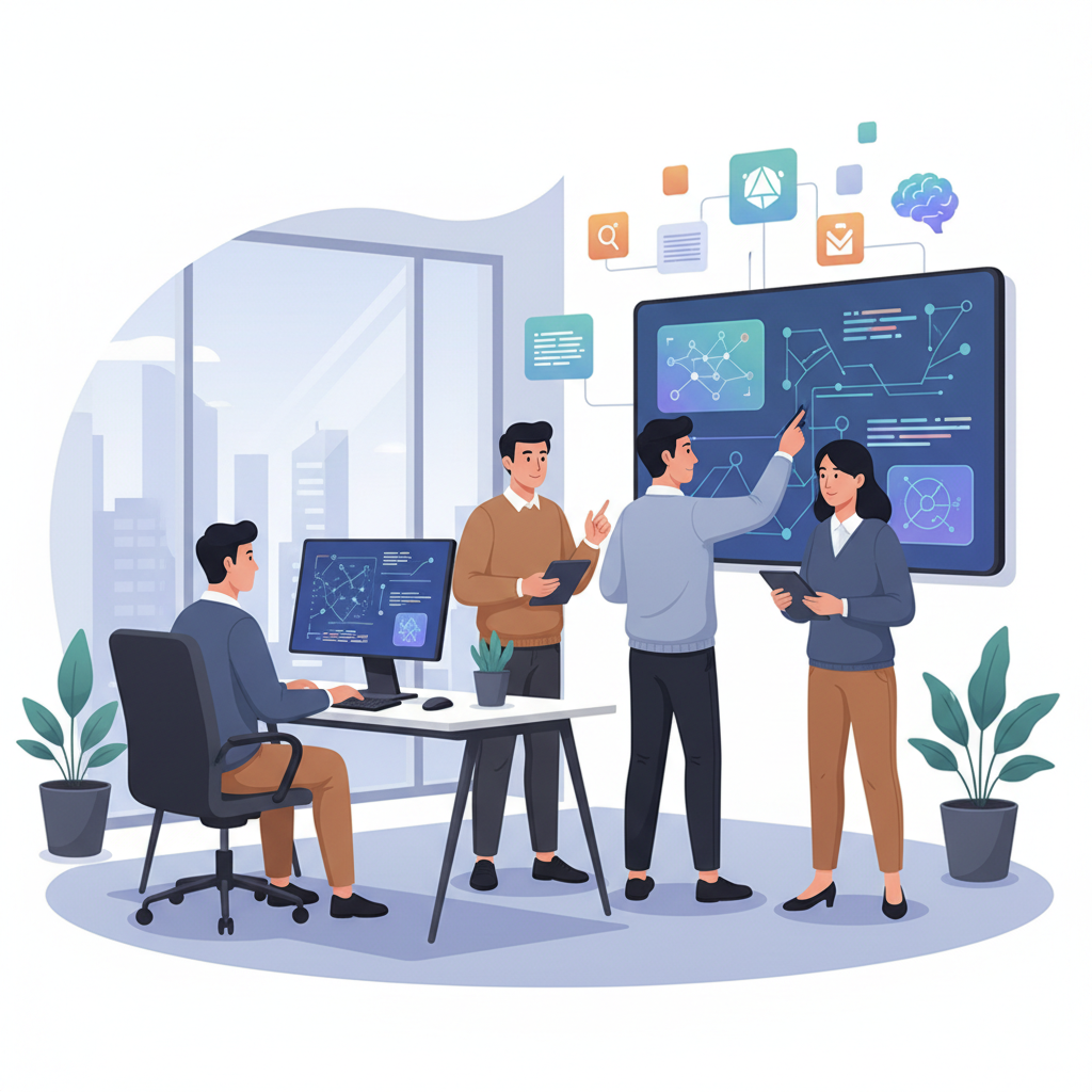 A team of Vietnamese AI engineers collaborating in a modern office, working on code and discussing complex algorithms on a large screen.