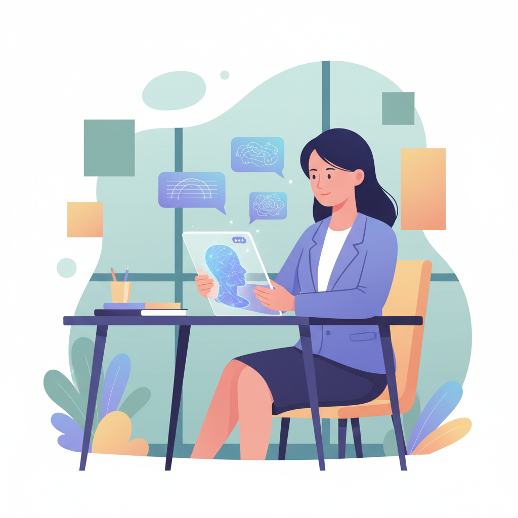 a Vietnamese businesswoman interacting with a futuristic AI chatbot interface on a tablet in an office setting