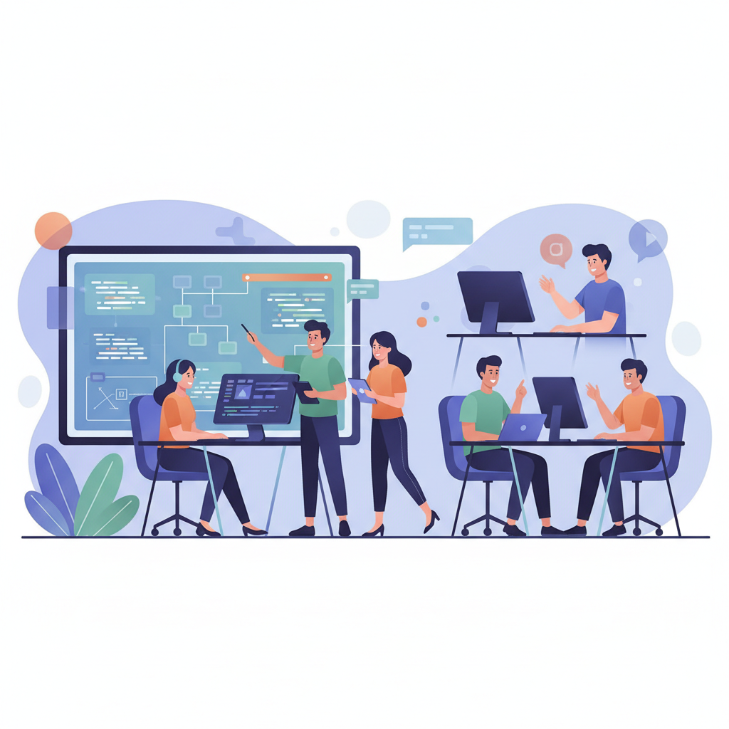 A team of Vietnamese developers working intensely on a complex AI chatbot code in a modern office environment, brainstorming on a whiteboard.