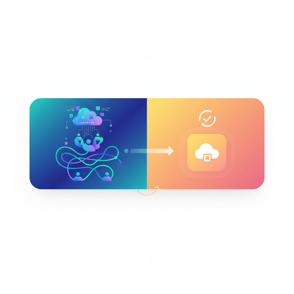 A split image showing two paths for businesses: one side with custom code and developers, the other with a simple SaaS platform icon.