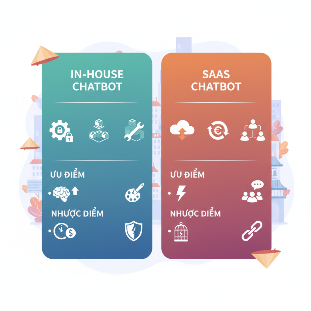A comparison table showing pros and cons of in-house vs. SaaS chatbot solutions, in a Vietnamese business setting.