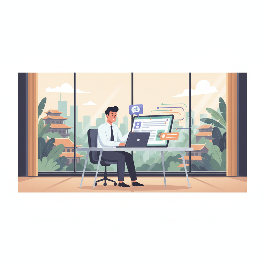 A modern, minimalist office setting in Vietnam. A business person is easily setting up a chatbot interface on a laptop, smiling.