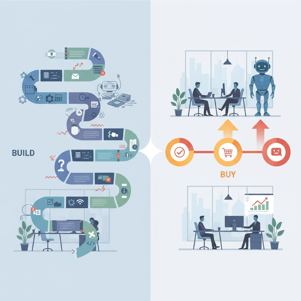 A split screen showing two timelines for chatbot deployment: one long, complex timeline labeled "Build" with many steps and delays, and another short, streamlined timeline labeled "Buy" with quick, simple steps, set in a modern Vietnamese office environment.