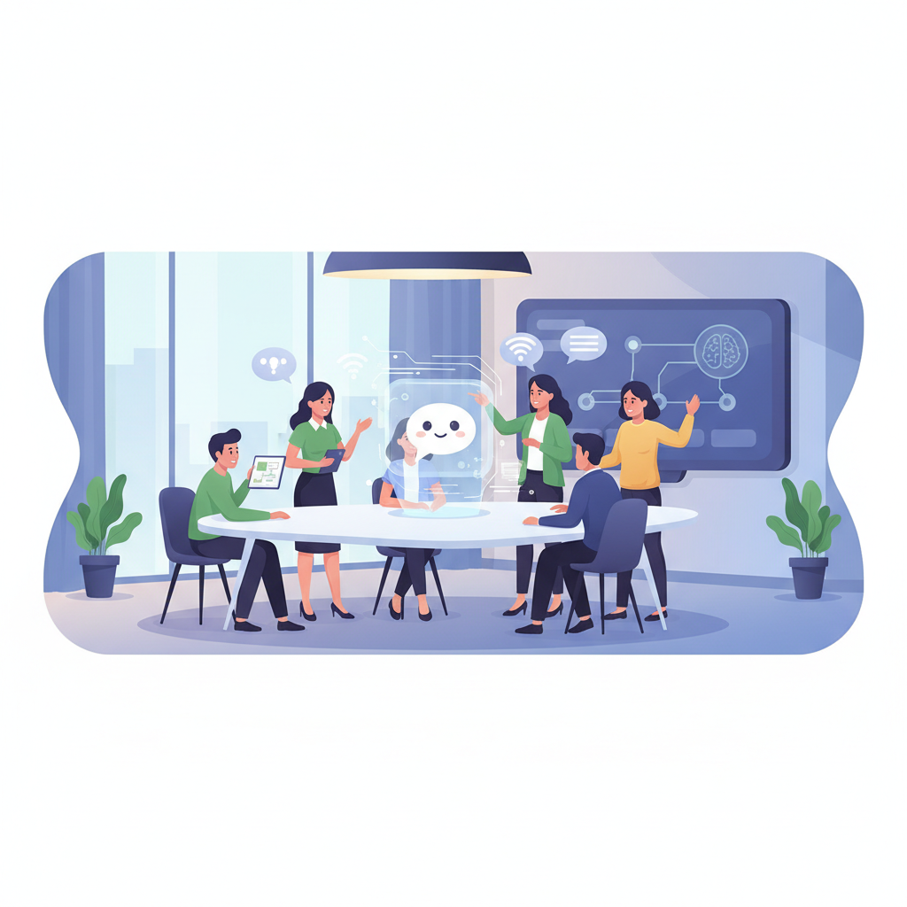A Vietnamese business team brainstorming about AI chatbot solutions in a modern office, diverse team, no text