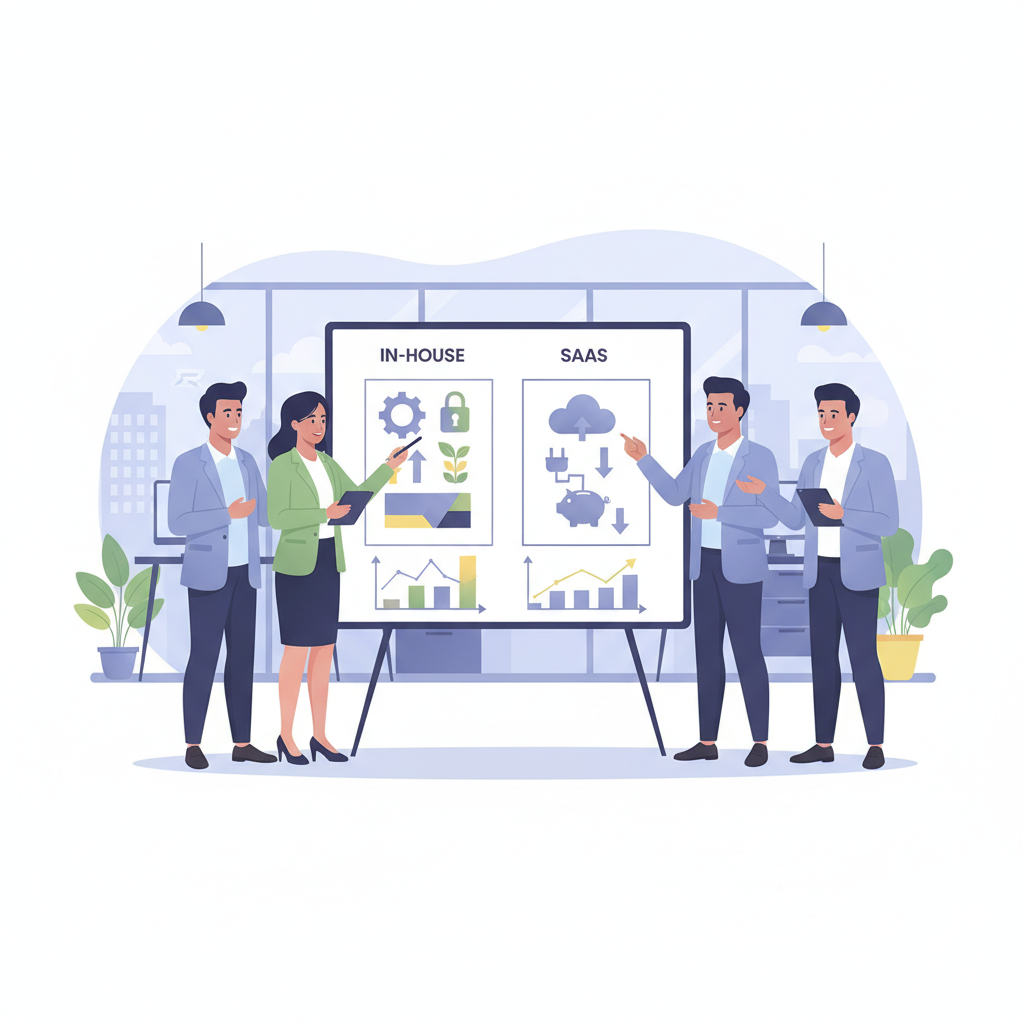 A Vietnamese business team discussing chatbot AI options, looking at a whiteboard with pros and cons of in-house vs. SaaS solutions.