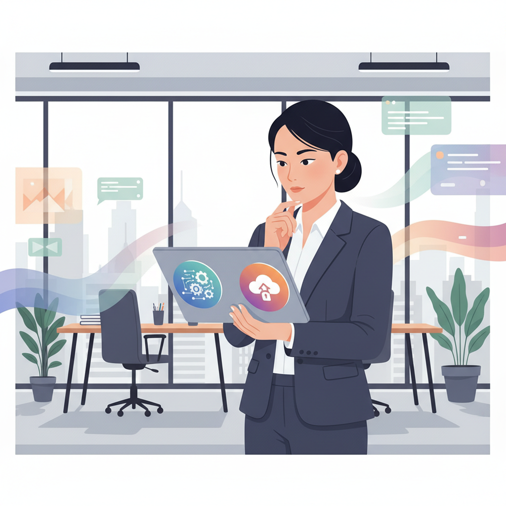A Vietnamese business executive thoughtfully considering two options on a digital tablet: "Build In-house AI" vs. "SaaS AI Solution," in a modern office setting.