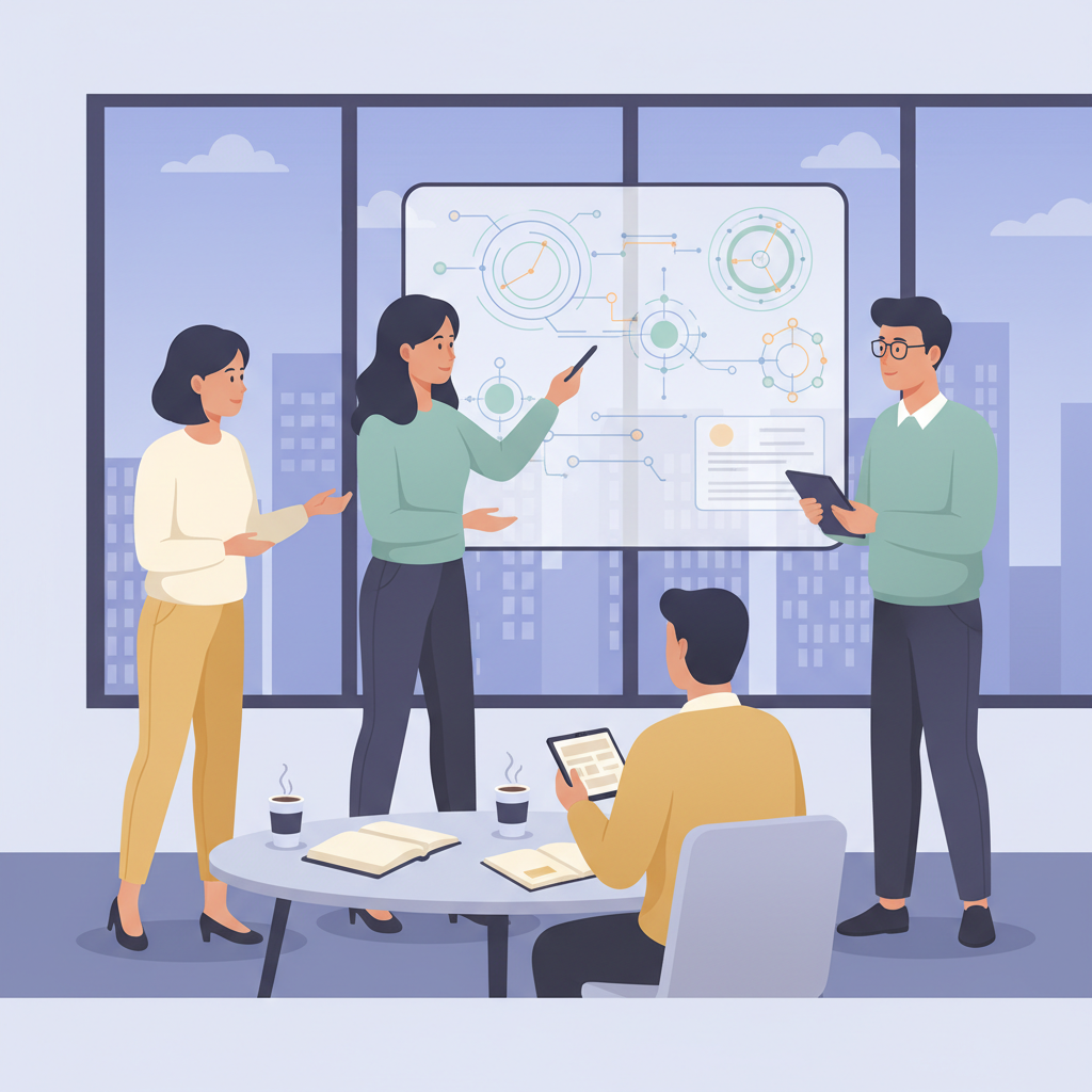 A Vietnamese business team brainstorming in a modern office, diverse members, using a whiteboard with diagrams about AI solutions, no text