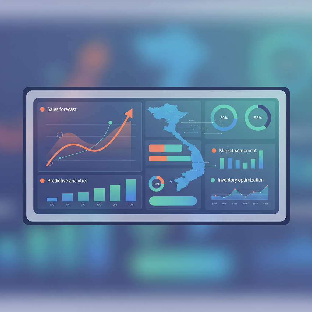 AI dashboard showing predictive analytics for sales forecast in a Vietnamese retail company, no text