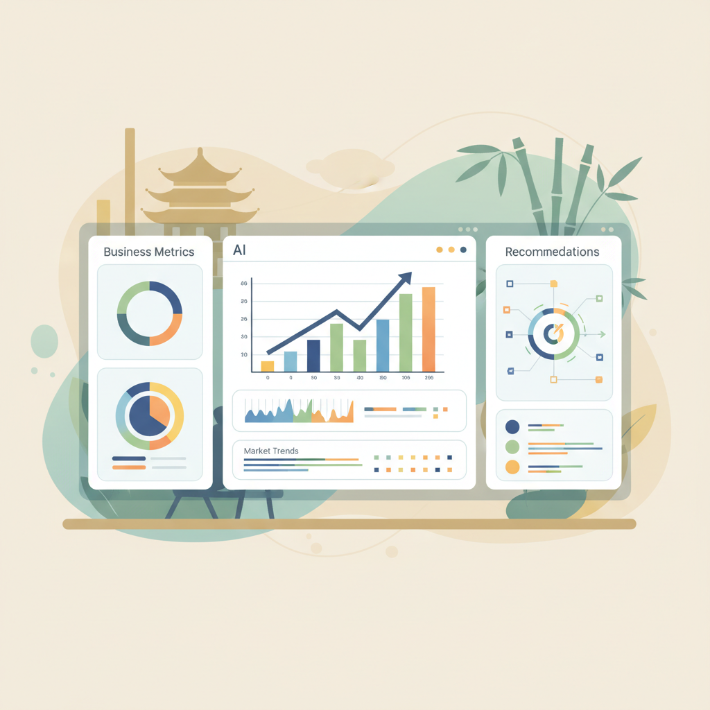AI dashboard showing business metrics, trends, and recommendations for decision-making in a Vietnamese company setting, no text