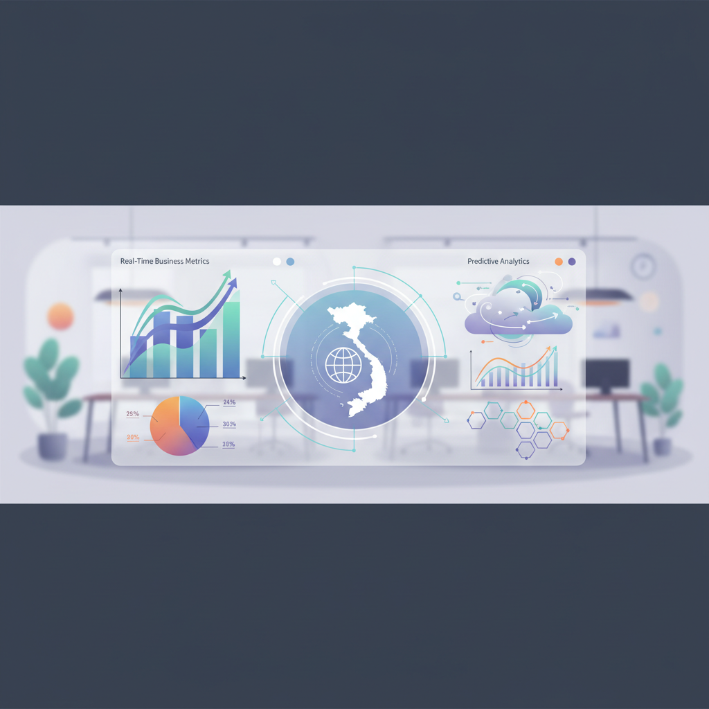 AI dashboard showing real-time business metrics and predictive analytics in a Vietnamese company setting, no text