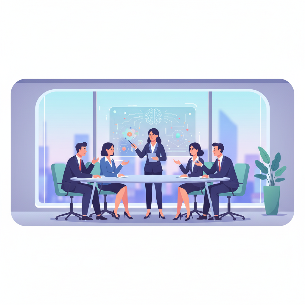 A group of Vietnamese business leaders in a modern meeting room, engaged in a discussion with a trainer, focusing on AI concepts.