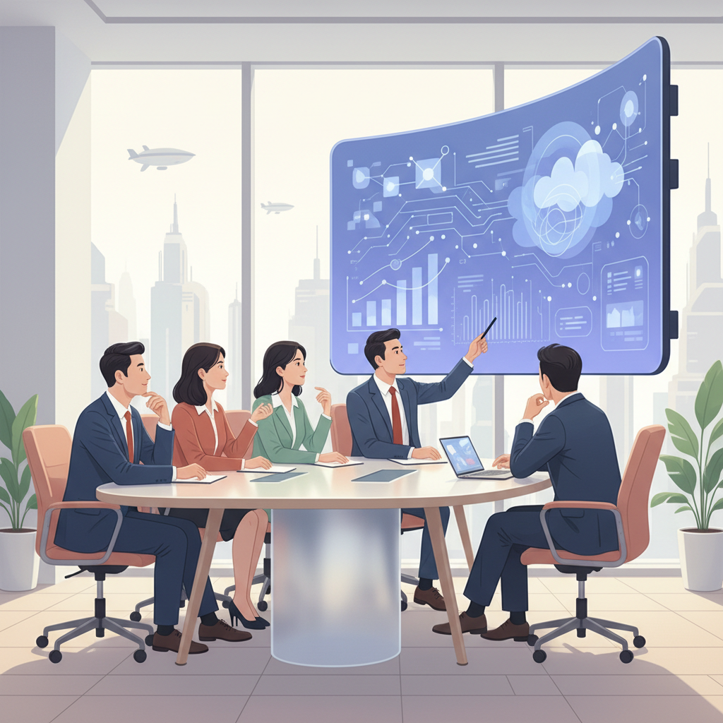 A group of Vietnamese business leaders in a modern meeting room, looking at a large screen displaying AI-driven data visualizations, engaged in strategic discussion.