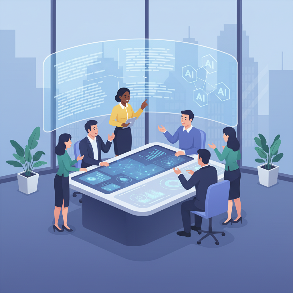 A group of Vietnamese business leaders actively participating in an AI training workshop, engaged in a discussion with a facilitator, in a modern corporate setting.