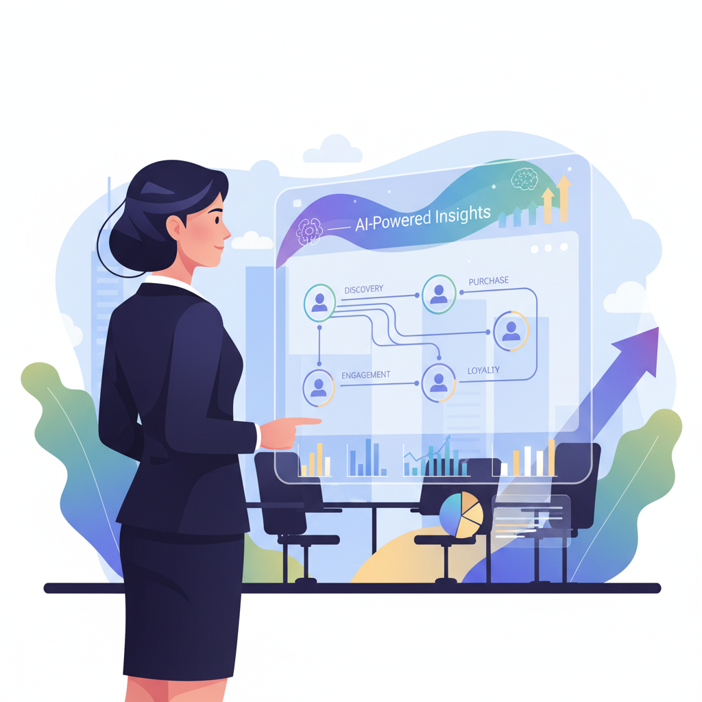 A Vietnamese business executive looking thoughtfully at a dashboard displaying customer journey analytics, with AI-powered insights highlighted.