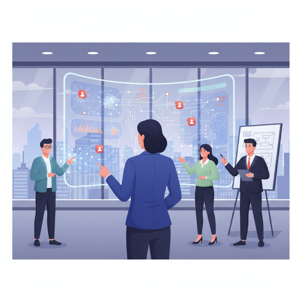 A Vietnamese business leader looking at a complex data dashboard, surrounded by team members brainstorming solutions, showcasing the challenges of AI implementation in a local enterprise setting.