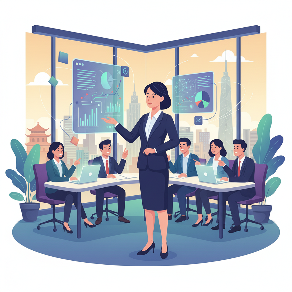 A CEO in a modern, brightly lit office, looking at a transparent digital display showing customer journey analytics and AI insights, with a diverse team collaborating in the background, reflecting business growth and innovation in Vietnam.