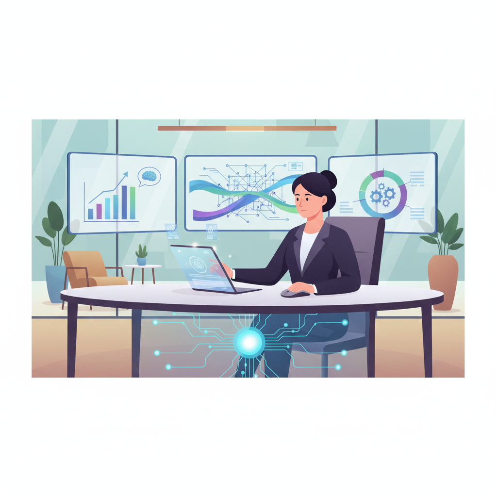 A Vietnamese business professional using AI tools to analyze customer data on multiple screens in a modern office environment.