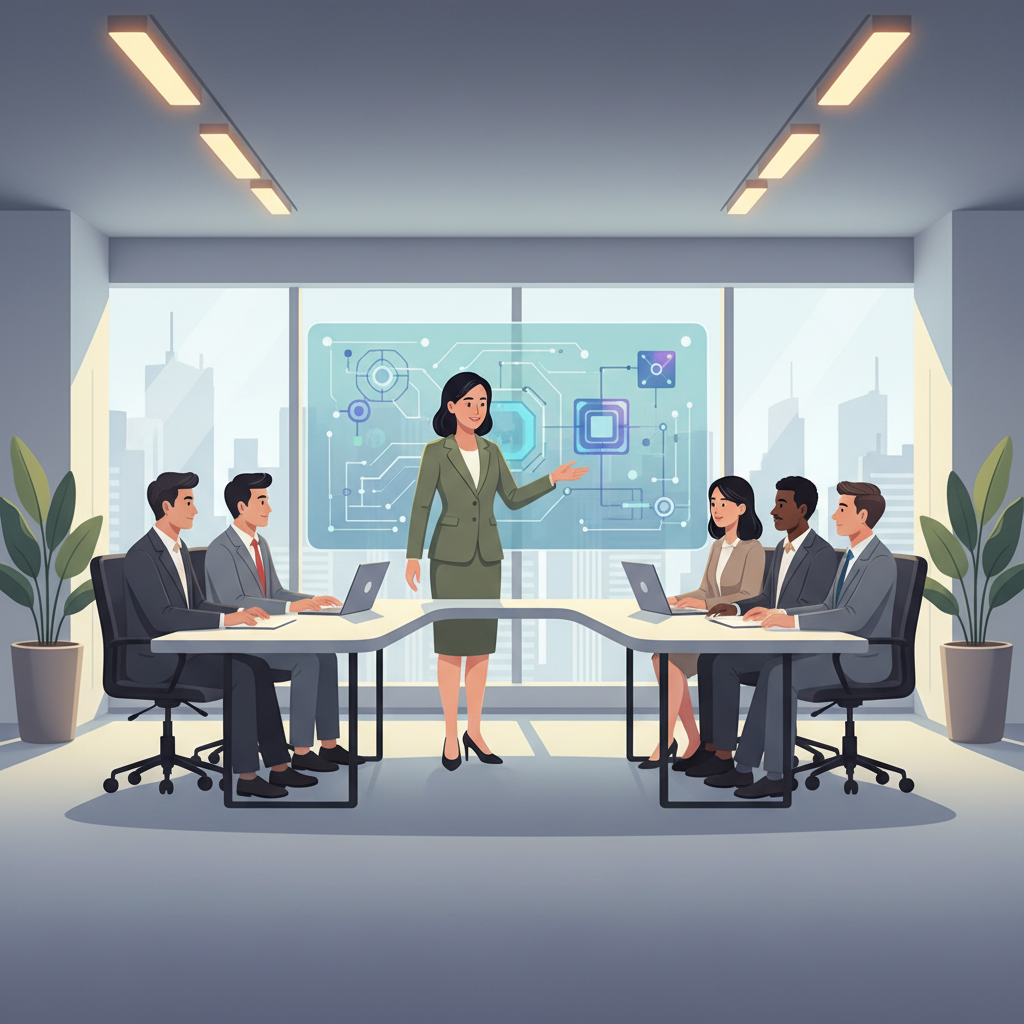 A Vietnamese business leader presenting AI strategy to their team in a modern office, diverse team, no text