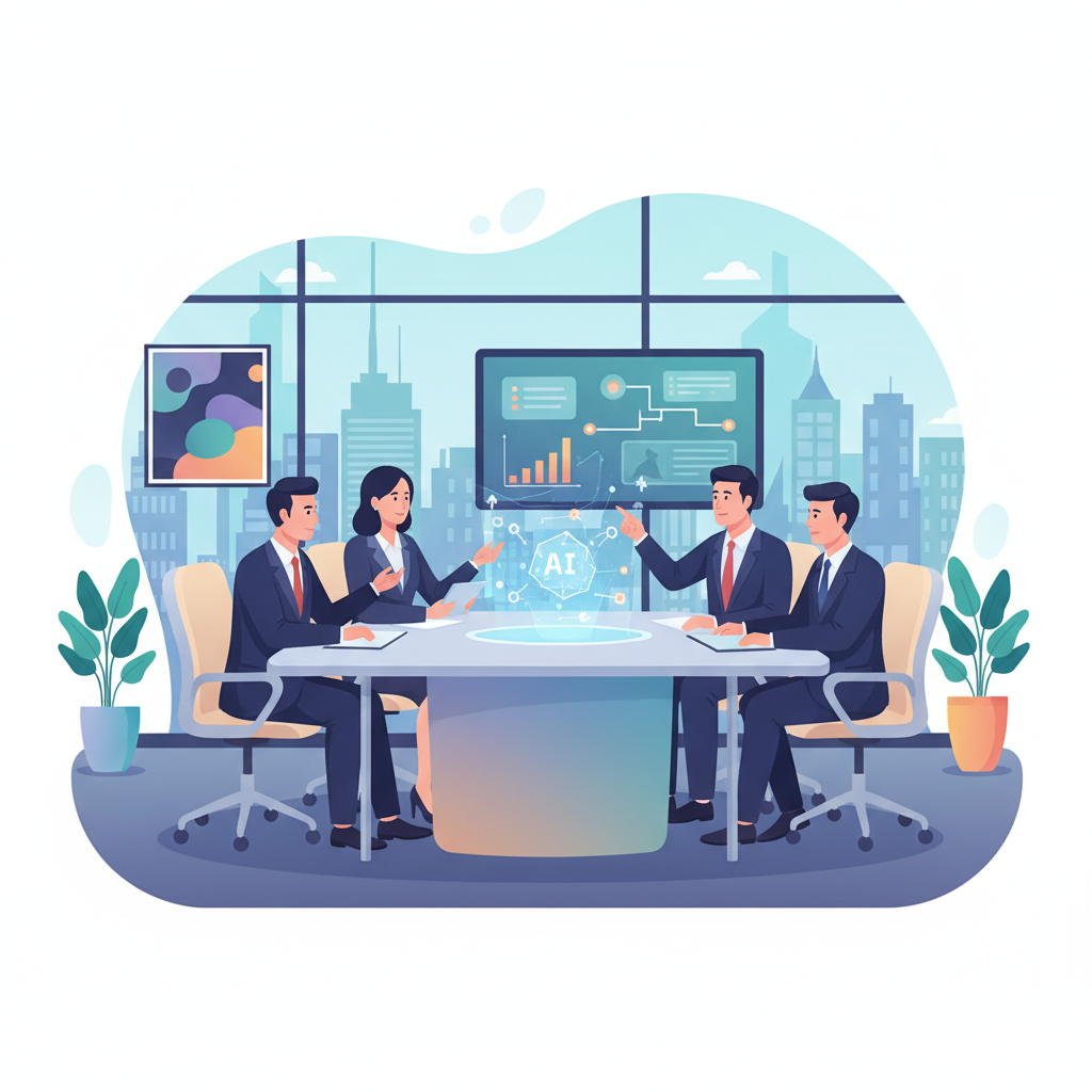 A group of Vietnamese business leaders discussing AI implementation strategies in a modern office setting.