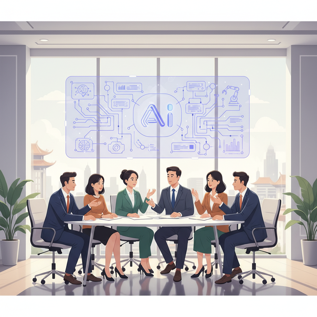 A group of diverse business executives in a modern, brightly lit conference room, actively engaged in a discussion about AI applications, with a whiteboard showing complex diagrams and flowcharts, reflecting a Vietnamese corporate setting.