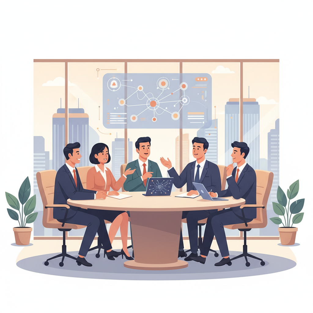 A group of Vietnamese business executives in a modern meeting room, discussing AI implementation strategies.