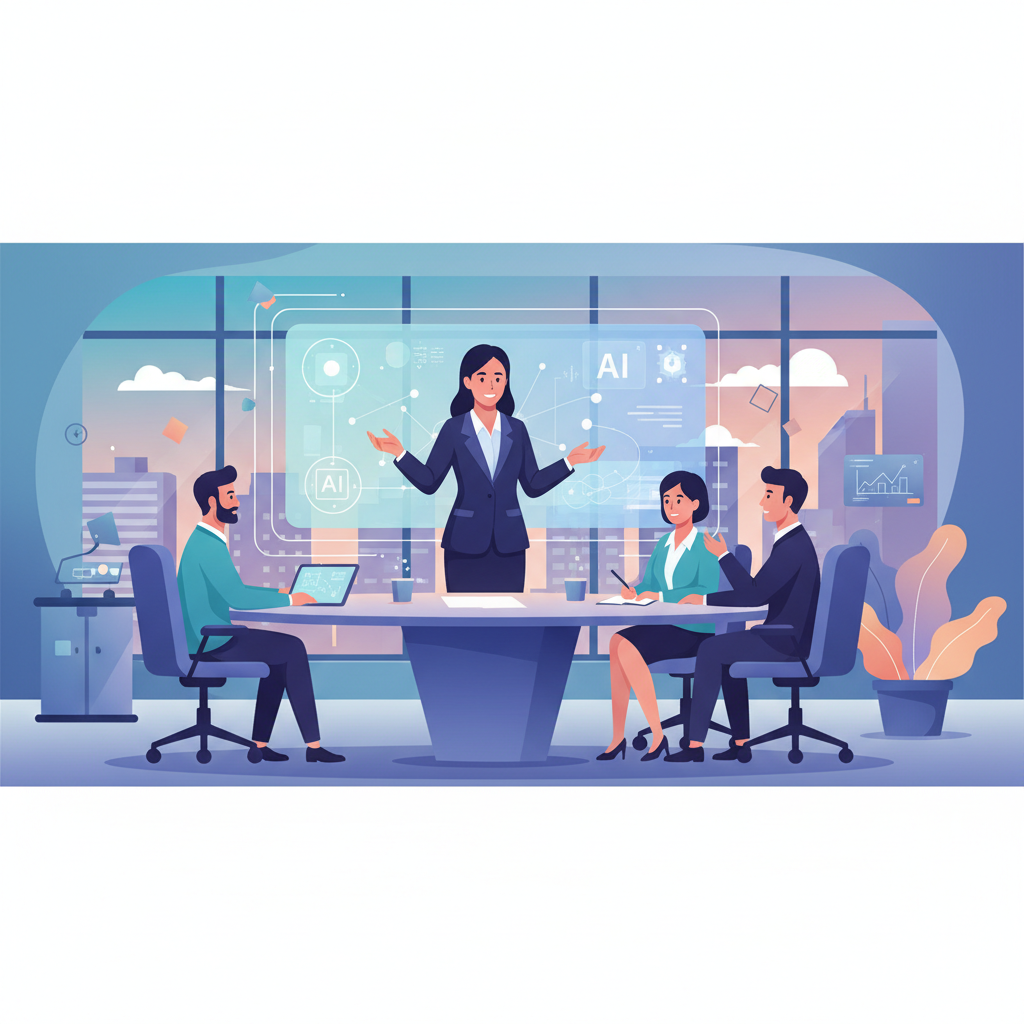 A Vietnamese businesswoman confidently presenting AI solutions to her team in a modern office, showcasing innovation and collaboration.