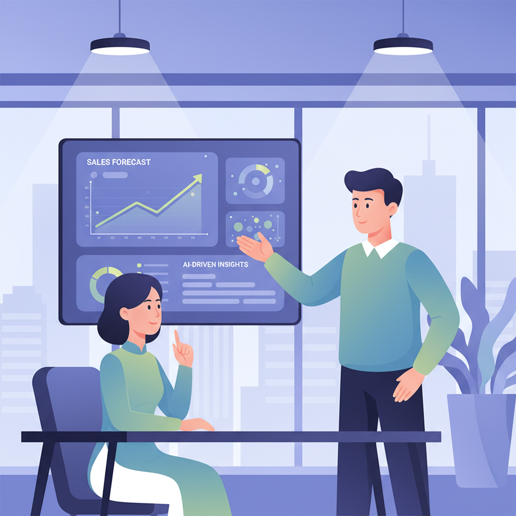 A data analyst presenting a Power BI dashboard with AI-driven sales forecasts to a Vietnamese business executive in a modern office