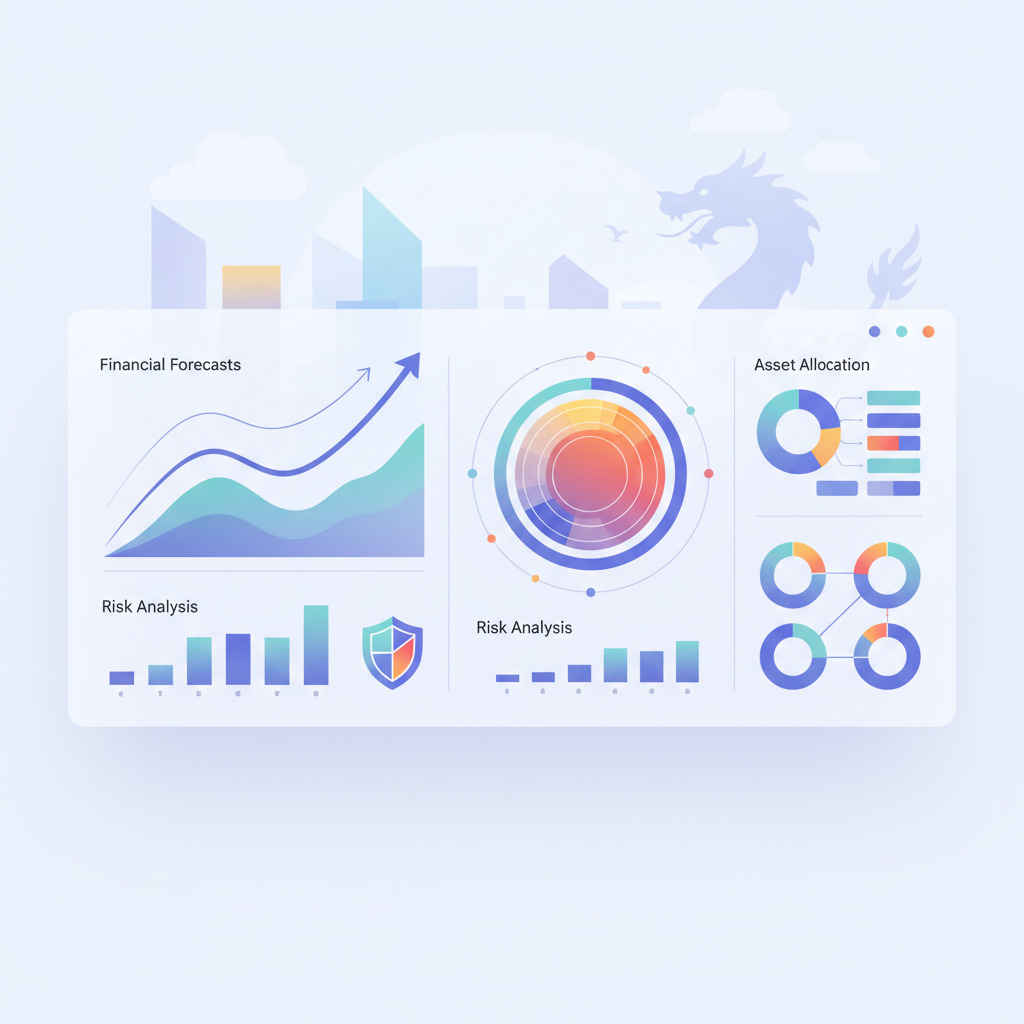 An AI dashboard displaying financial forecasts and risk analysis for a Vietnamese investment firm, with charts and graphs, no text
