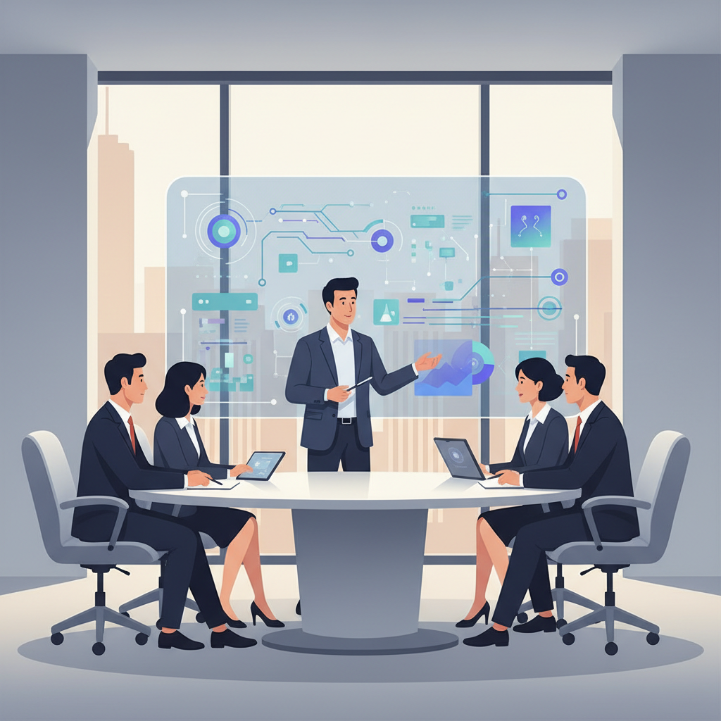 A group of Vietnamese business executives in a modern meeting room, discussing AI strategies with a trainer, focusing on data visualization.