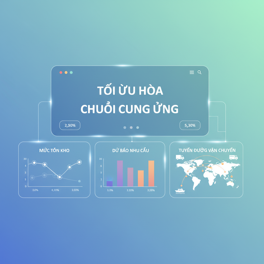 AI dashboard showing supply chain optimization metrics in Vietnamese, with charts and data on inventory levels, demand forecasts, and logistics routes.