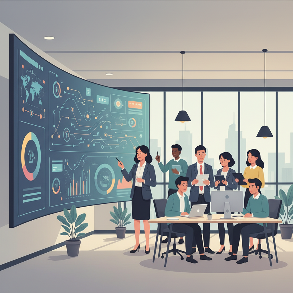 A Vietnamese business leader looking thoughtfully at a complex data dashboard on a large screen, surrounded by team members in a modern office.