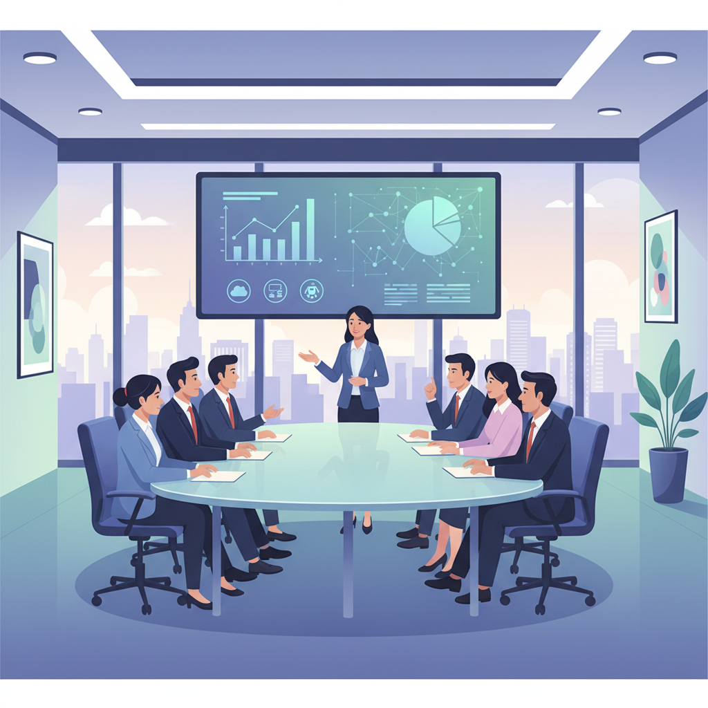A group of diverse business executives in a modern conference room, actively engaging in a discussion with a presenter, focusing on a screen displaying AI-related charts and data in a Vietnamese business context.