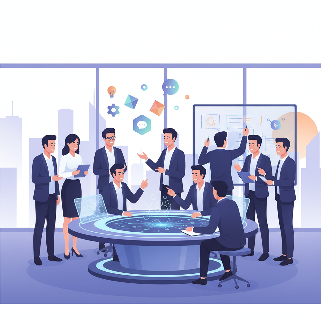 A diverse group of Vietnamese business leaders actively participating in an AI workshop, engaging in discussions and collaborative problem-solving.