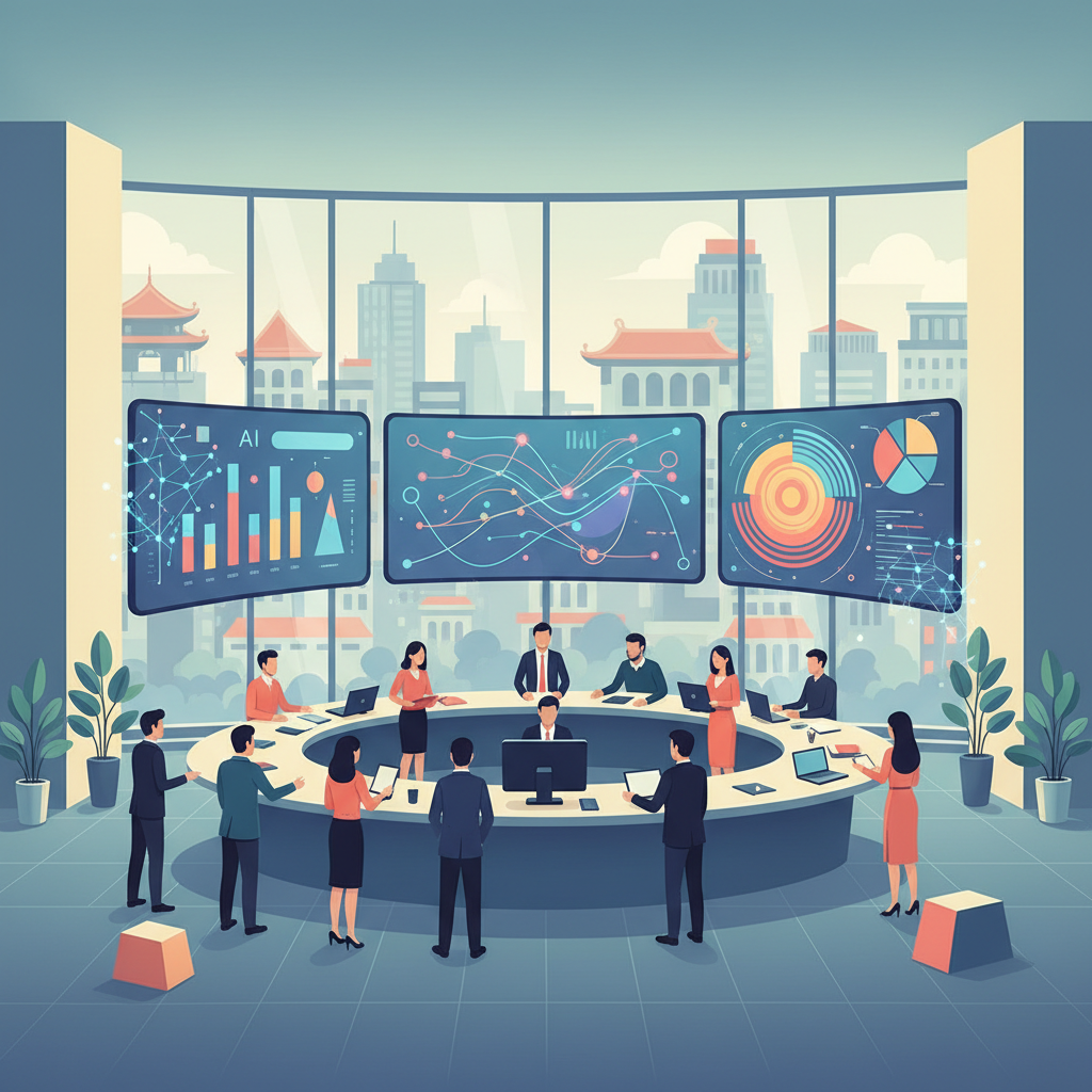AI algorithms analyzing customer data on multiple screens, showing charts and graphs, in a modern Vietnamese office setting, no text
