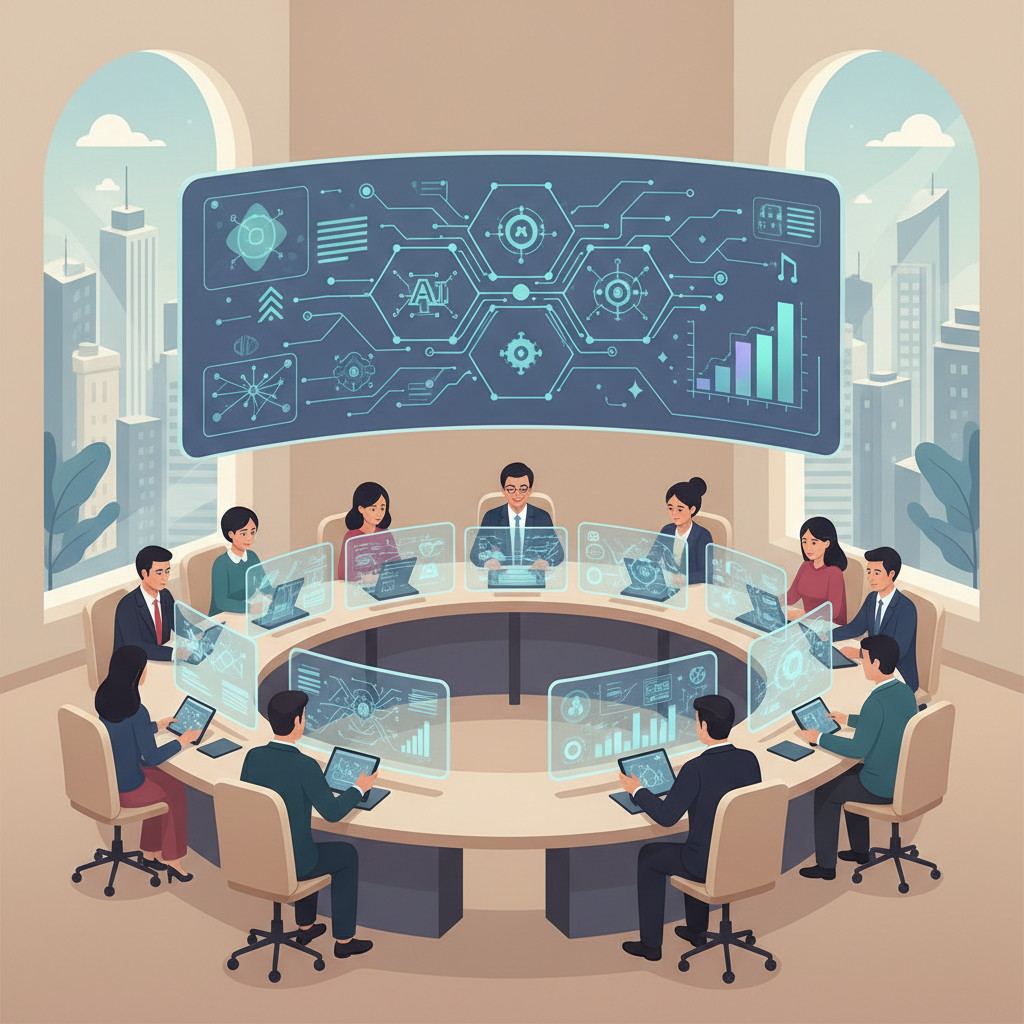 A group of Vietnamese business leaders actively participating in an AI training workshop, with screens displaying complex data visualizations and strategic frameworks.