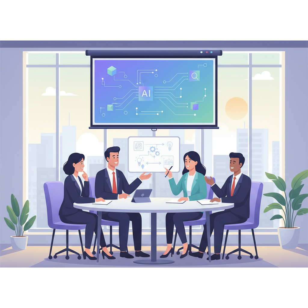 A group of Vietnamese business leaders in a training room, actively discussing challenges and solutions for AI implementation, with a projector screen showing AI concepts.