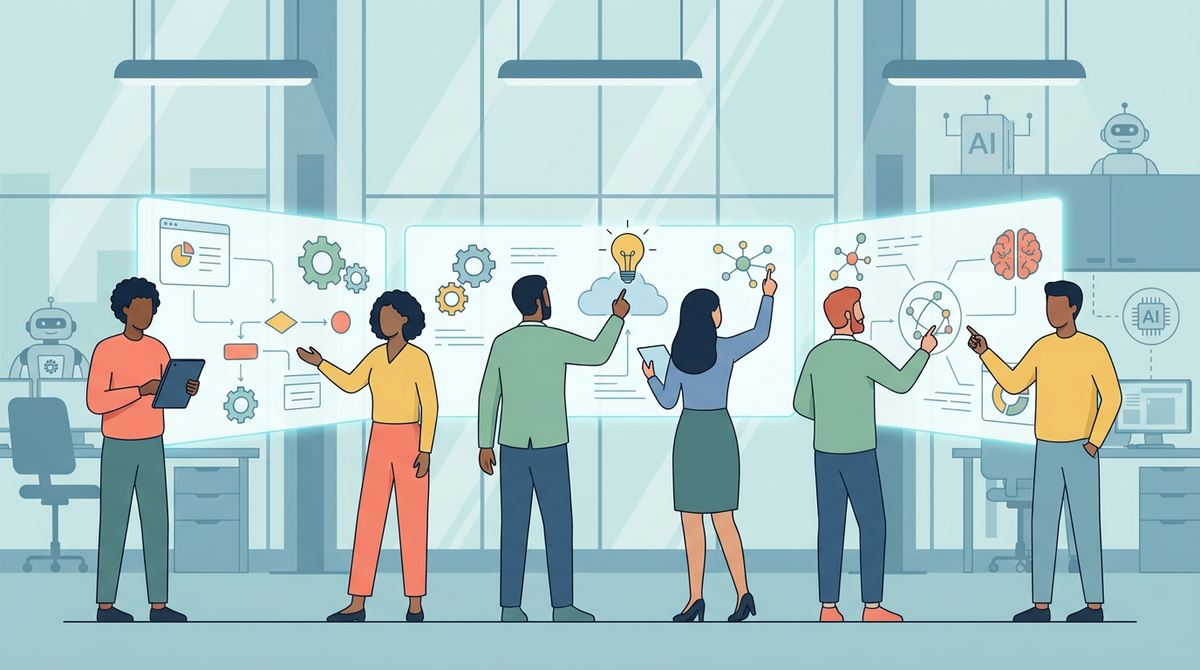 marketing team brainstorming modern office whiteboards ai integration